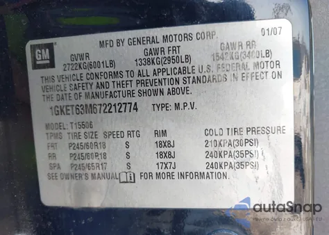 2007 GMC Envoy Denali из США, поврежденный, VIN 1GKET63M672212774